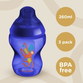 Tommee Tippee Plastic Bottles Closer to Nature 3x260ml low flow 0+ months with jungle pattern BLUE (3pcs)