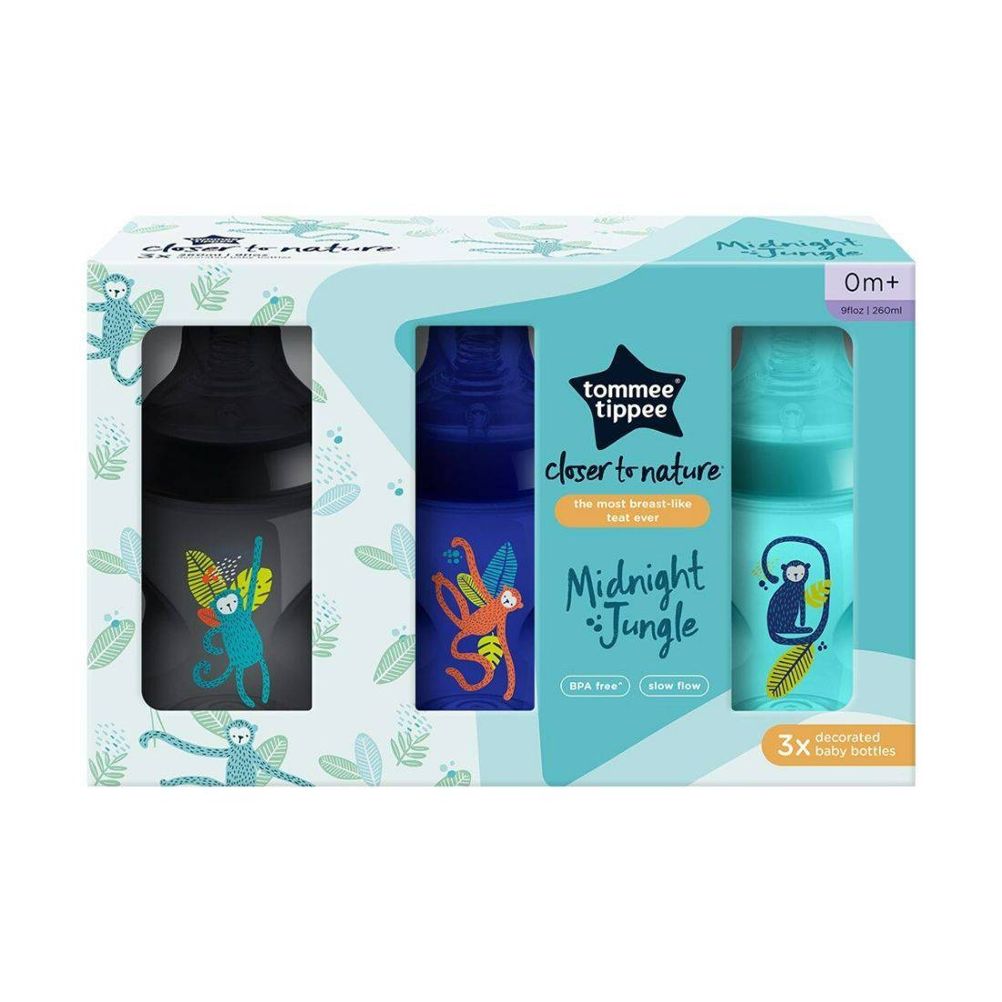 Tommee Tippee Plastic Bottles Closer to Nature 3x260ml low flow 0+ months with jungle pattern BLUE (3pcs)