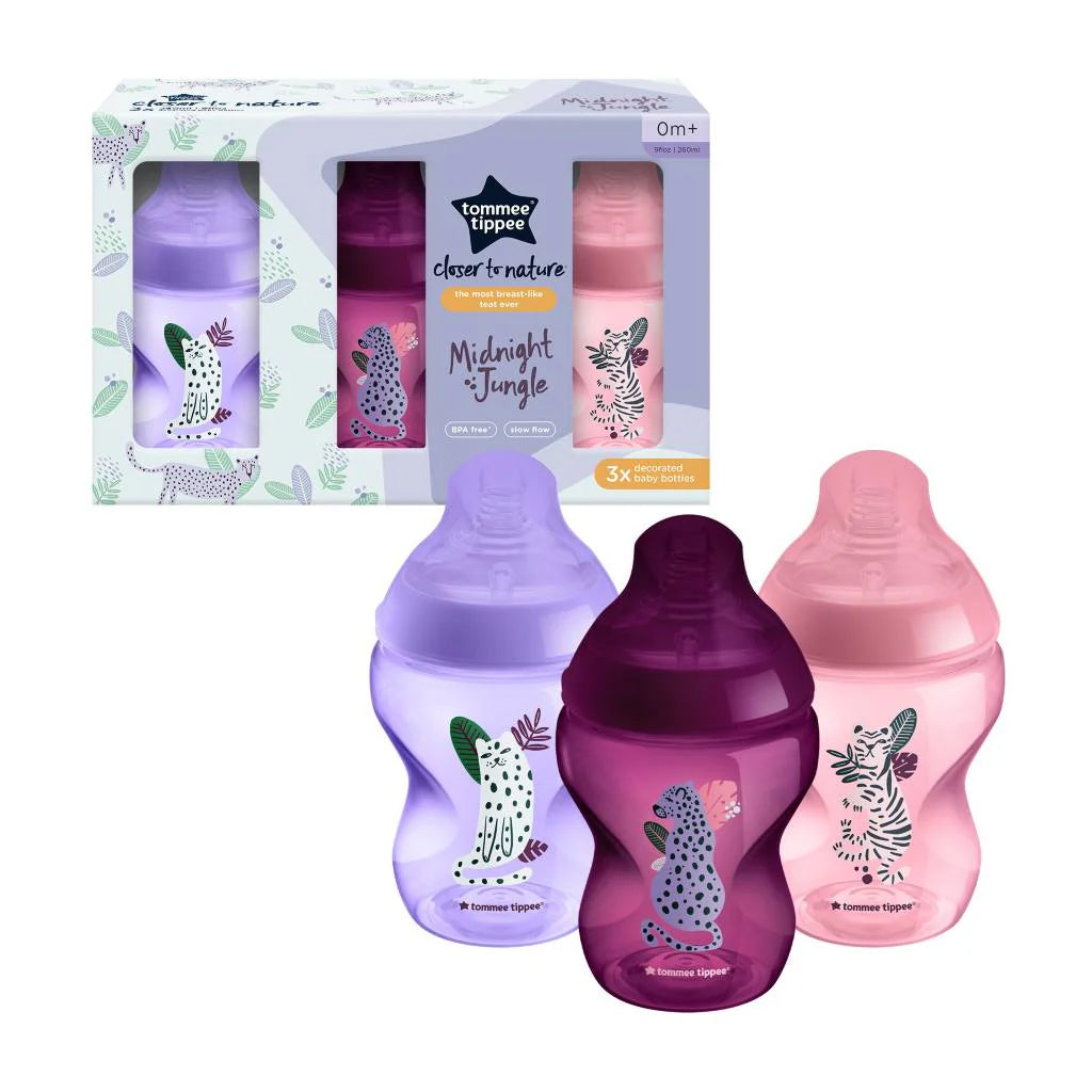 Tommee Tippee Closer to Nature Bottles Midnight Jungle Kit | Purple (0m+) Pack of 3