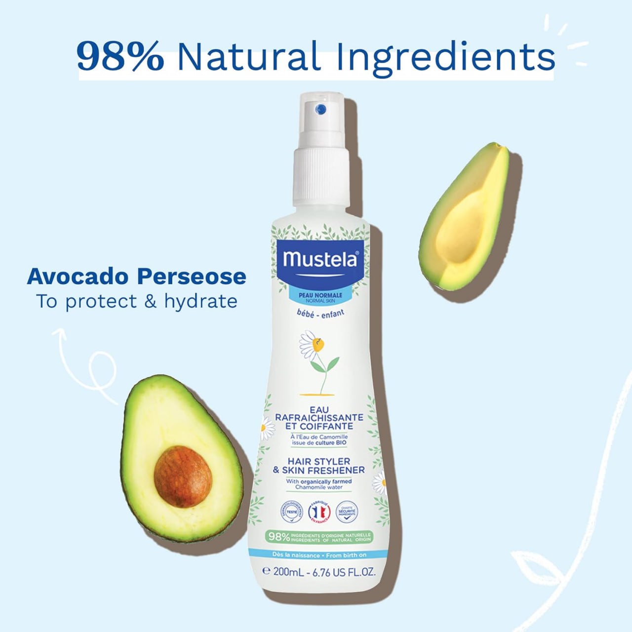 Mustela Baby Hair Styler &amp; Skin Freshener - with Natural Avocado &amp; Chamomile Water - Vegan, Hypoallergenic