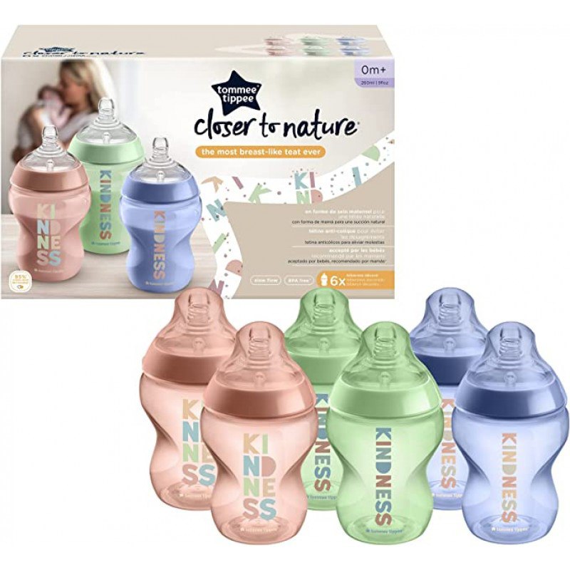 Tommee Tippee Closer to Nature Bottle 260 Ml, 6 Bottles, Kindness Design