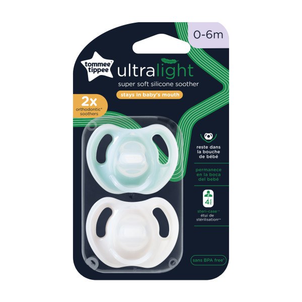 Tommee Tippee Ultra-light Soothers, 0-6 months, 2 pack of one piece silicone