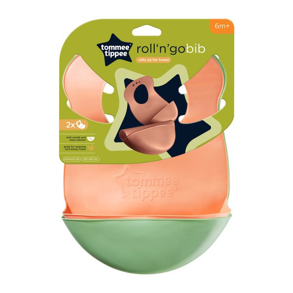 Tommee Tippee Roll ‘n’ Go Baby Bib with Crumb and Mess Catcher, 6m+, 2 pack