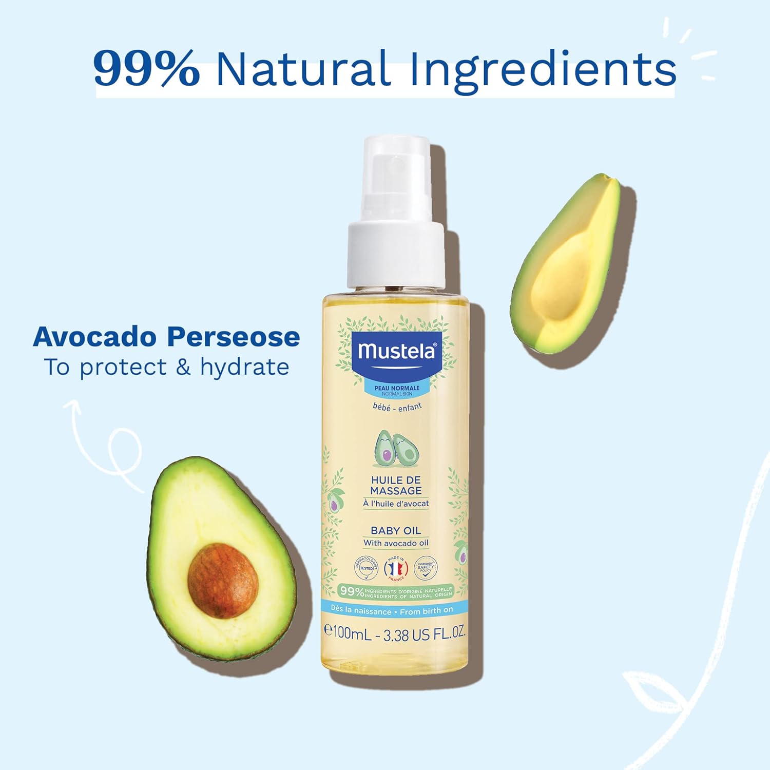 Mustela Baby Oil - Moisturizing Oil for Massage - with Natural Avocado, Pomegranate &amp; Sunflower Oil